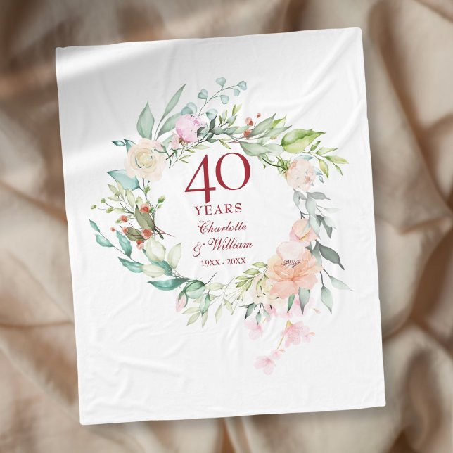 Manta Polar Aniversario de bodas de rubí 40º guirnalda floral (40th Ruby Wedding Anniversary Floral Garland Fleece Blanket)