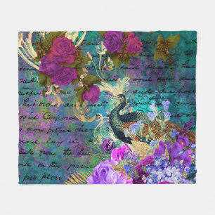 Manta Polar Antiguo Pavón Ilustrado y Flores Grunge