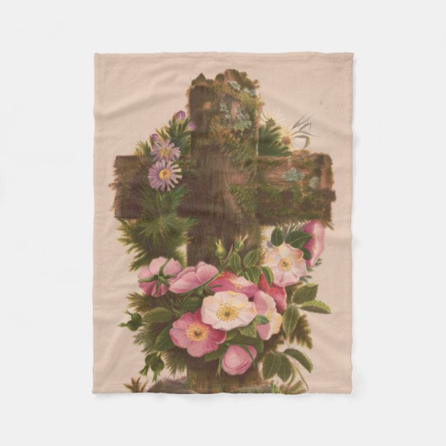 Manta Polar Antique Rustic Cross, Wild Roses, Easter Card, (Anverso)
