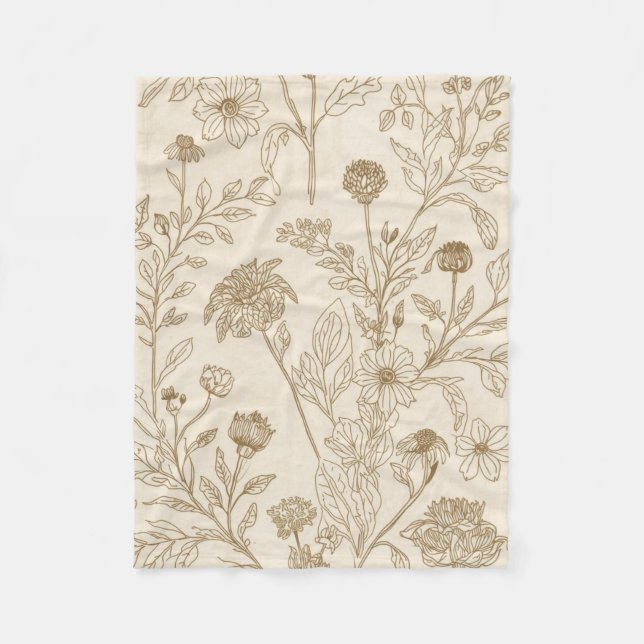 Manta Polar Antique Sepia Botanical Line Art Floral Pattern (Anverso)