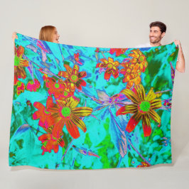 Manta Polar Aqua Tropical con flores amarillas y Naranjas