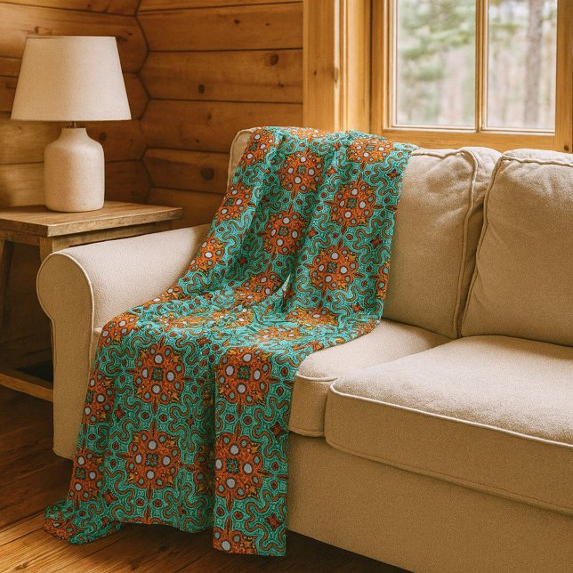 Manta Polar Aqua Turquoise Blue Naranja Red Brown Tribe Art (Subido por el creador)