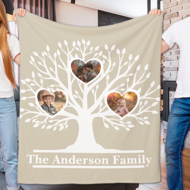 Manta Polar Árbol de la familia de fotos Rústico Blanco 3 pers (Rustic White 3 Photo Family Tree Personalized Fleece Blanket
)