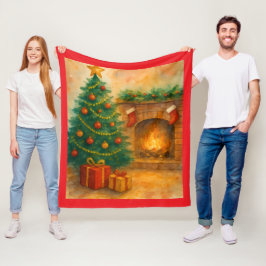 Manta Polar Árbol de Navidad en acuarela y chimenea acogedora 