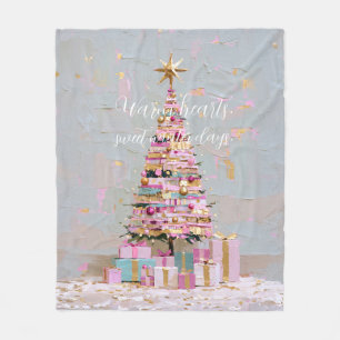 Manta Polar Árbol de Navidad rosa y dorado con impasto