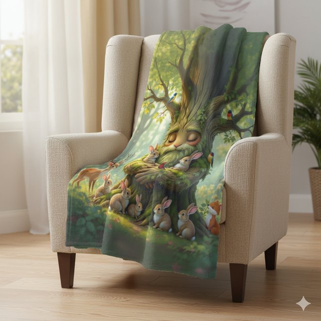Manta Polar Árbol de padre caprichoso con criaturas de bosques (Father Tree with Woodland Creatures Fleece Blanket Cover Photo)