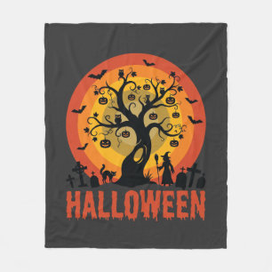 Manta Polar Árbol Embrujado de Halloween Bruja y Gatos Negros