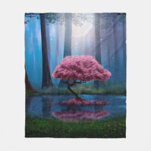 Manta Polar Árbol rosa y estanque en el bosque por la noche