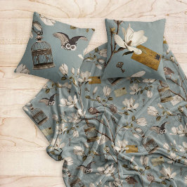 Manta Polar Arboleda de magnolias con búhos en azul huevo de p