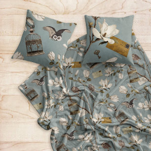 Manta Polar Arboleda de magnolias con búhos en azul huevo de p
