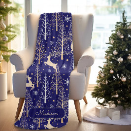 Manta Polar Arboles de Navidad cortos renos monogramo azul