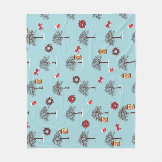 Manta Polar Árboles en invierno y decoraciones navideñas (Anverso)