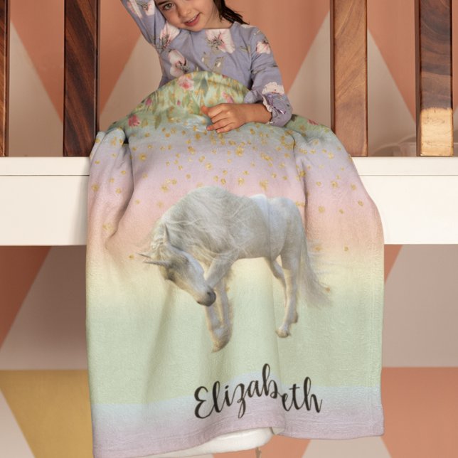 Manta Polar Arcoiris Floral Dorado de Unicornio Mágico (Subido por el creador)