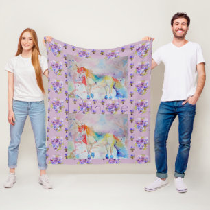 Manta Polar Arcoiris Unicornio Morado Floral Pansy Fleece Blan
