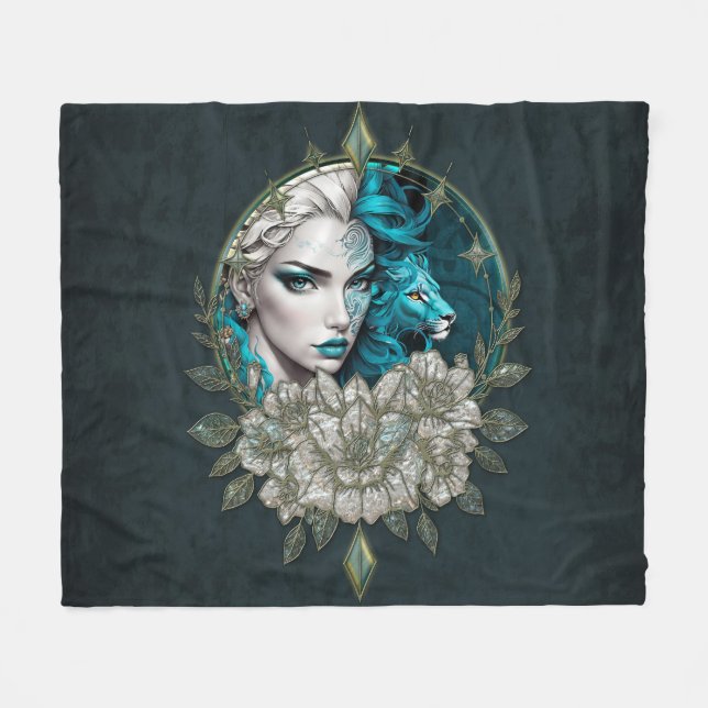 Manta Polar Armonía de los elementos, la mujer con león. (Frente (Horizontal))