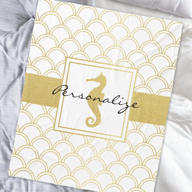 Manta Polar Art Deco Ocean Wave Gold Seahorse Beach House (Subido por el creador)