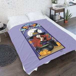 Manta Polar Art Nouveau Bruja de Otoño Calabazas Luna Púrpura