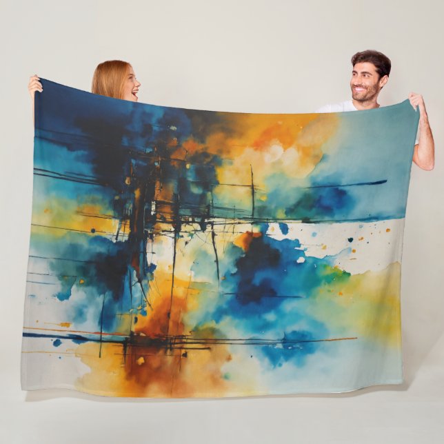 Manta Polar Arte de acuarela cinematográfica | Azul y Naranja  (In situ)