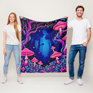 Manta Polar Arte de Bosque de Hongos Rosa Neón