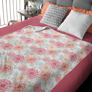 Manta Polar Arte floral retro Naranja de coral rojo azul verde