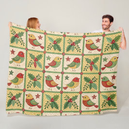 Manta Polar Arte Popular Navideño Vintage Pájaros y Bayas de A