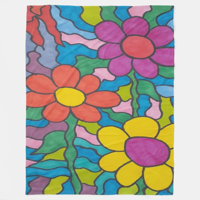 Manta Polar Arte retro de flores hippie (Anverso)