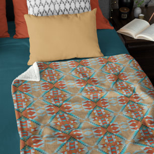 Manta Polar Arte Tribal Naranja Marrón Aqua Turquesa Azul