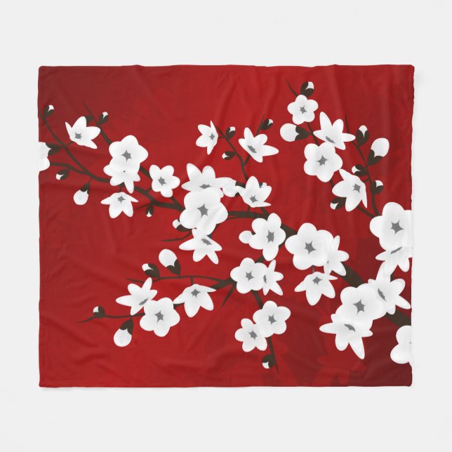 Manta Polar Asia Floral White Cherry Blossom Red (Frente (Horizontal))
