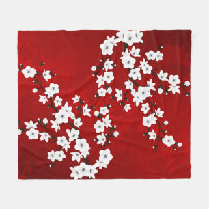 Manta Polar Asia Floral White Cherry Blossom Red