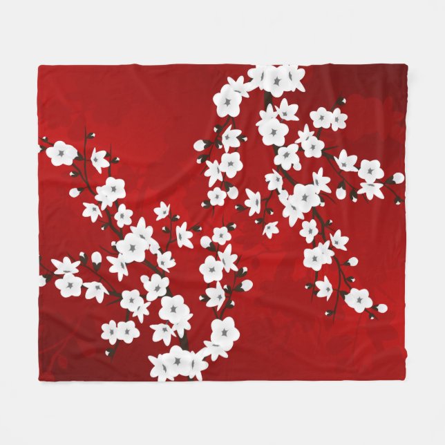 Manta Polar Asia Floral White Cherry Blossom Red (Frente (Horizontal))