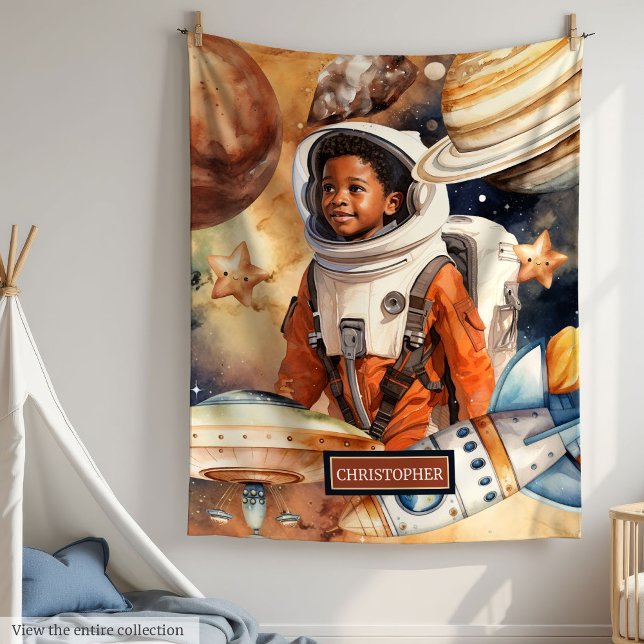 Manta Polar Astronauta de la piel oscura niño acuarela de la g (Dark Skin Astronaut Boy Blanket Watercolor Galaxy)