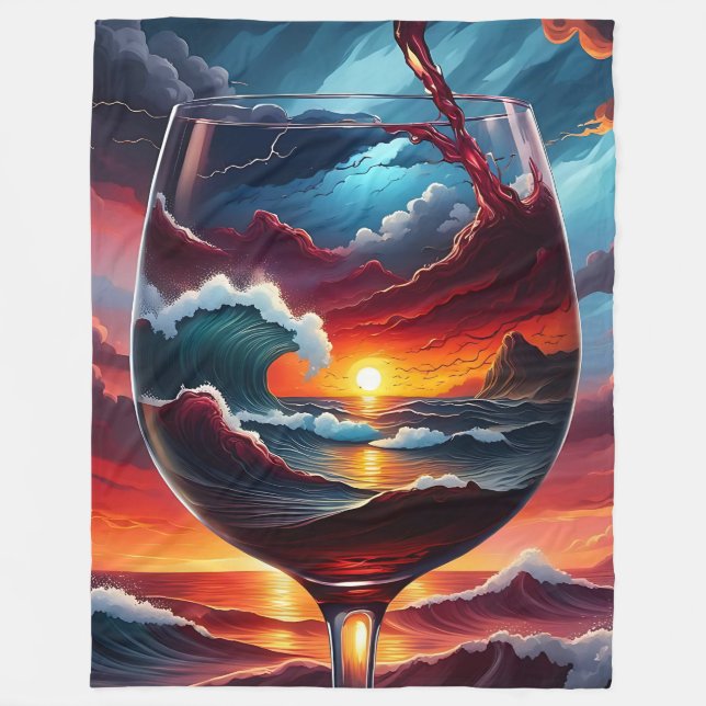 Manta Polar "Atardecer oceánico en vidrio de vino - Arte surre (Anverso)