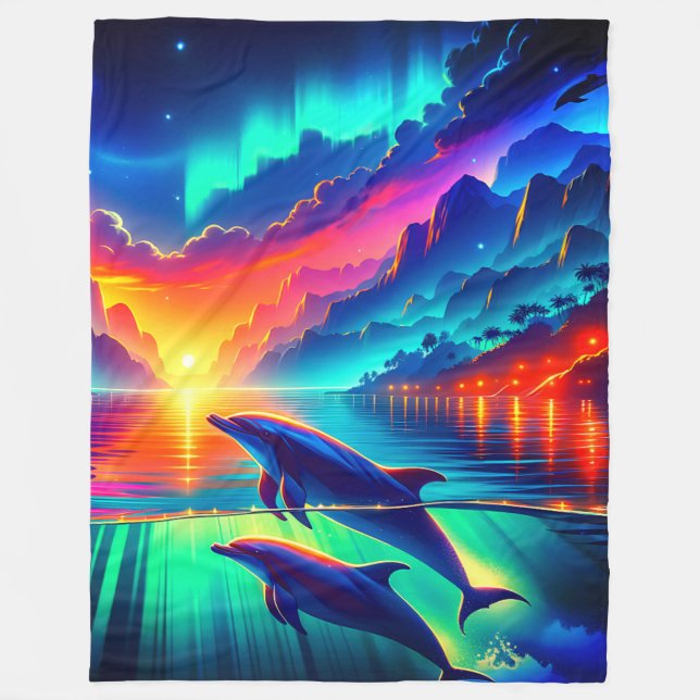 Manta Polar "Aurora Dolphin Sunset - Vibrante arte oceánico" (Anverso)