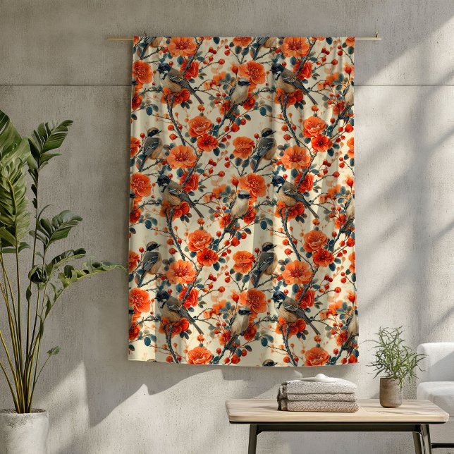 Manta Polar Aves de otoño cubiertas con acentos florales rústi (Autumn Birds Blanket with Rustic Floral Accents)