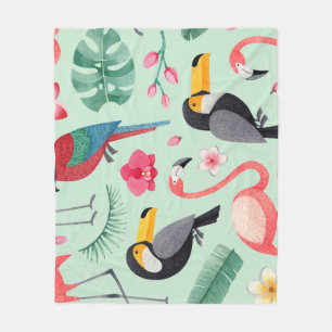 Manta Polar Aves tropicales, flores, acuarela.