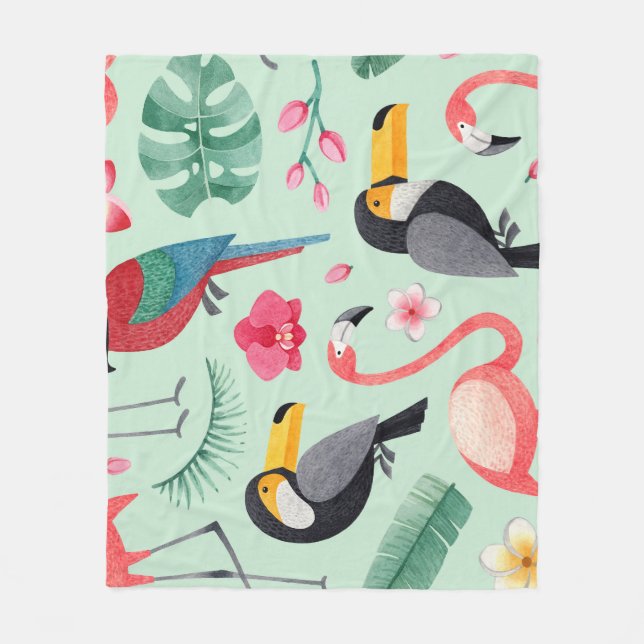 Manta Polar Aves tropicales, flores, acuarela. (Anverso)