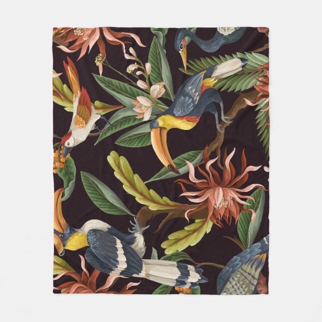Manta Polar Aves tropicales: Hojas y flores de época (Anverso)