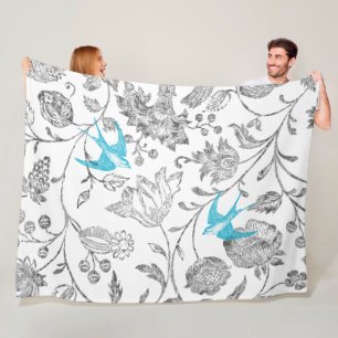 Manta Polar Aves Verde azuladas Vintage Gris Floral Aqua Azul