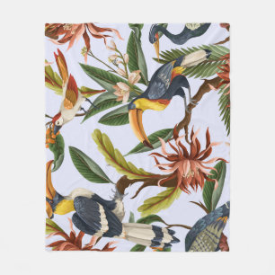 Manta Polar Aves y Flores: Patrón Vintage tropical.