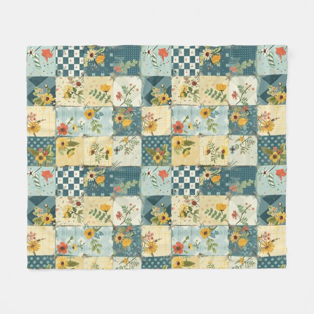Manta Polar Azul Amarillo Verde Colcha Parcheado Gingham Flora (Frente (Horizontal))