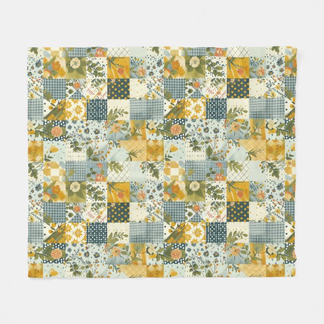 Manta Polar Azul Amarillo Verde Colcha Parcheado Gingham Flora (Frente (Horizontal))