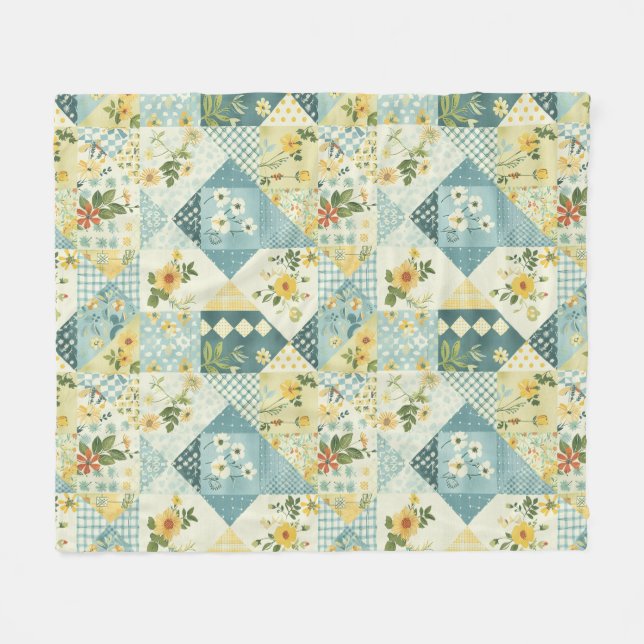 Manta Polar Azul Amarillo Verde Colcha Parcheado Gingham Flora (Frente (Horizontal))