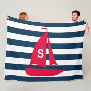 Manta Polar Azul Marino Blanco Rayado Monograma Rojo Barco Náu