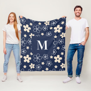 Manta Polar Azul marino patrón de flores crema retro