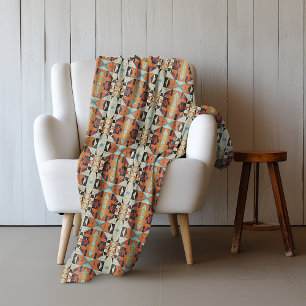 Manta Polar Azul Rojo Naranja Taupe Marrón Negro Arte Tribal