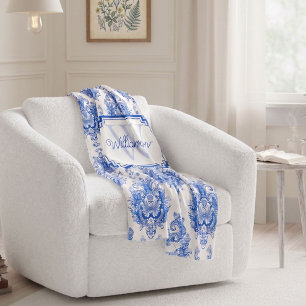 Manta Polar Azul Toile de Jouy con Estampado de Damasco Monogr