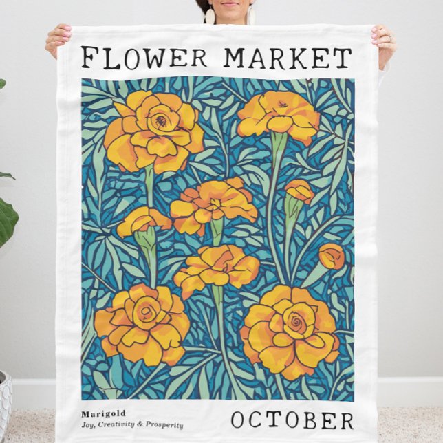 Manta Polar Azul y Naranja Marigold Octubre Mercado de Flores  (Personalized October Birth Flower Market Print Fleece Blanket, Customizable Marigold Floral Blanket)