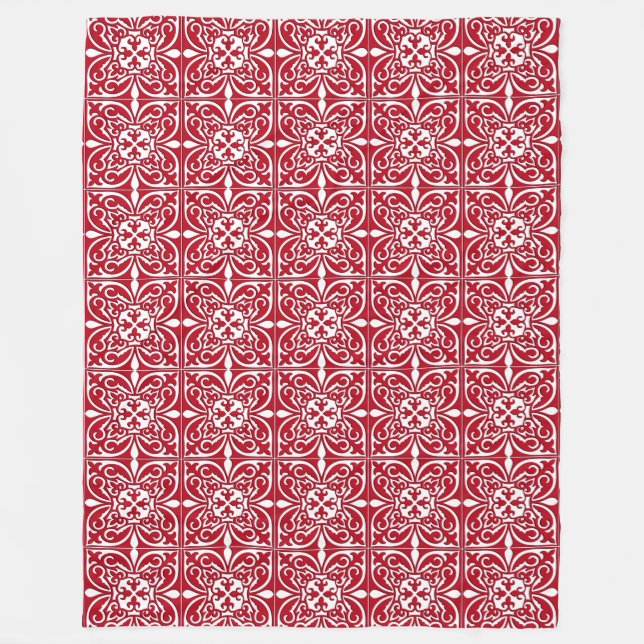 Manta Polar Azulejo marroquí - rojo oscuro y blanco (Anverso)