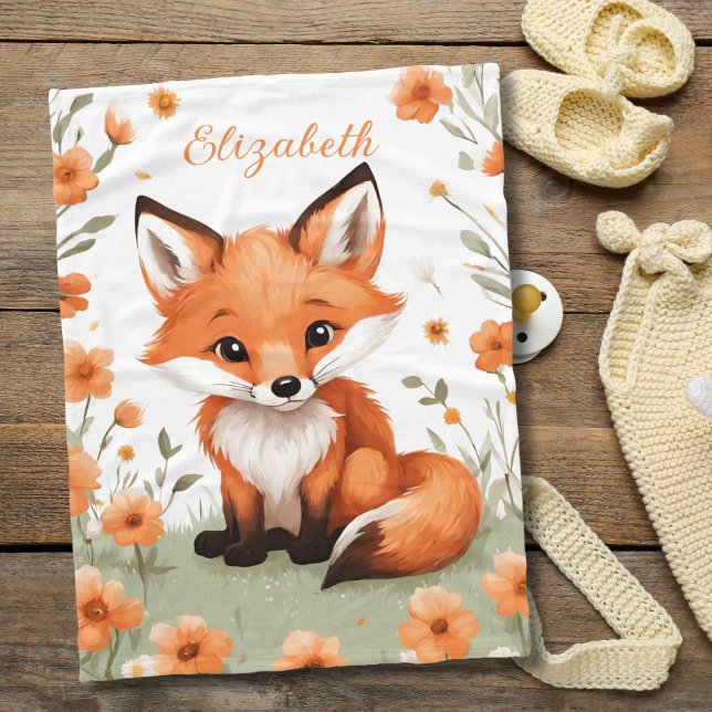 Manta Polar Baby Fox Peach Floral Flowers Regalo Baby Shower (Baby fox peach flowers personalized monogrammed baby girl blanket. Baby Shower gift, new baby gift)