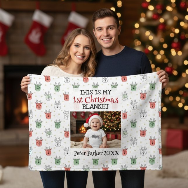 Manta Polar Baby’s First Christmas Custom Name Photo Reindeer  (Subido por el creador)